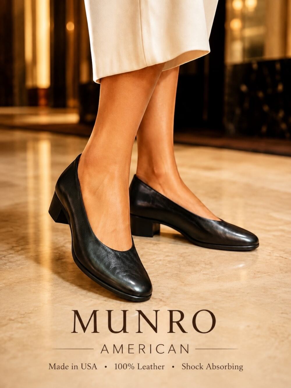 Munro American Women’s 8M Black Leather Comfort Pumps Made USA Shock Absorbing